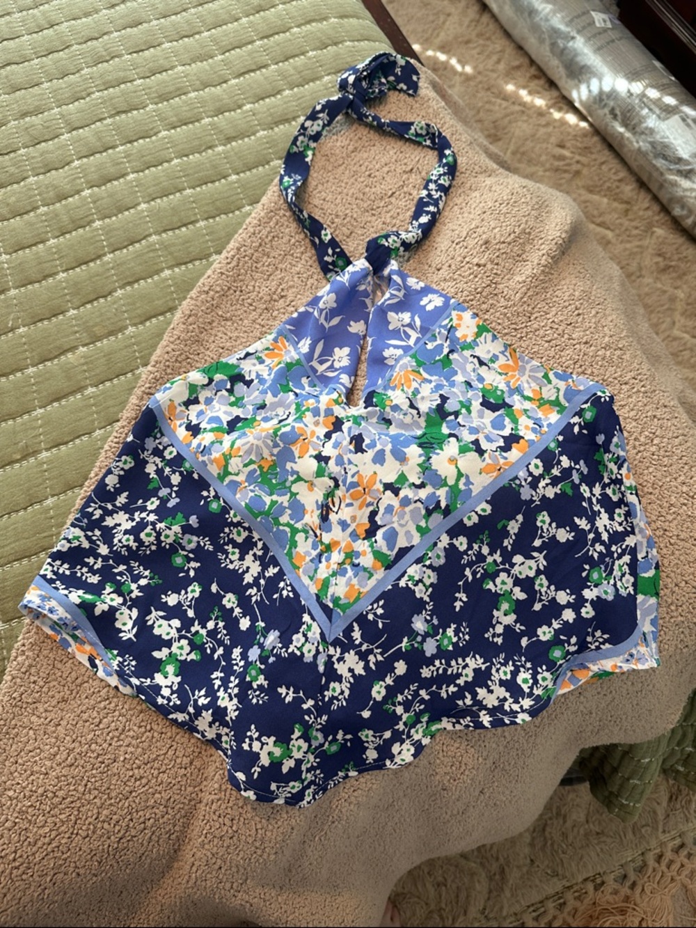 Floral Halter Scarf Top in Navy and Light Blue